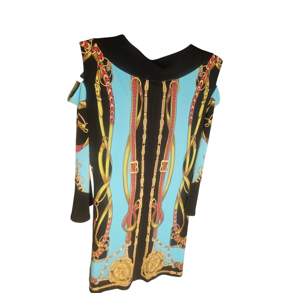 Eva Varro Multi Color Dress Tunic Sz M "Versace Style" Cut Out Shoulders Vneck - Picture 6 of 8